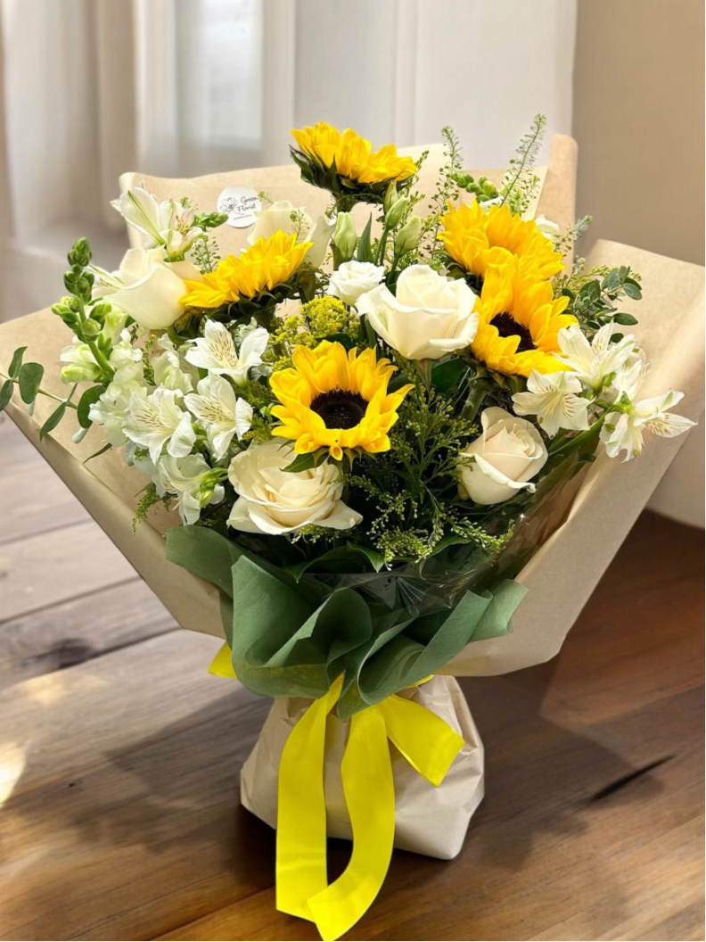 Sunflower and White Rose Bouquet - Premium