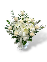 Load image into Gallery viewer, White Lily and Rose Sympathy Basket
