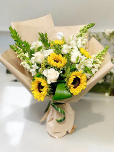 Sunflower and White Rose Bouquet - Premium